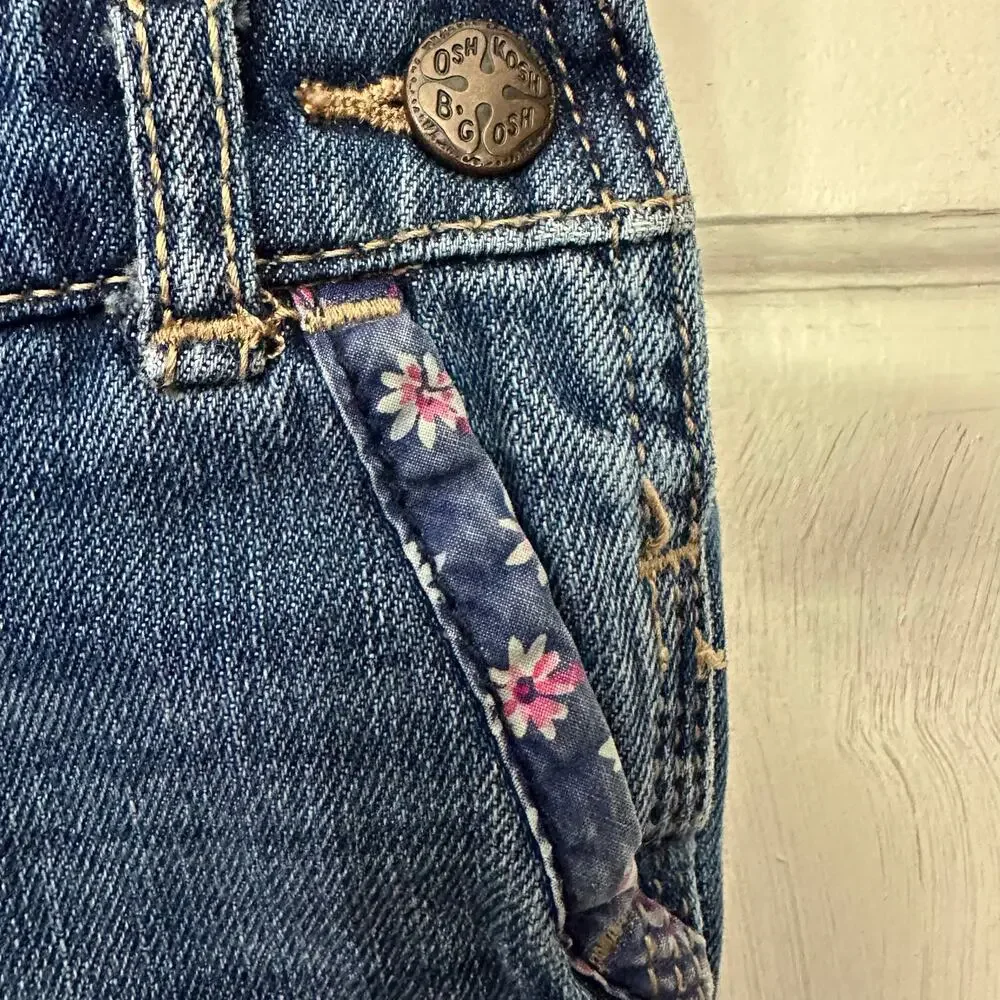 Oshkosh B'gosh Vestbak Overalls Floral Trim Baby Girl 6 Months Pockets Jean Blue